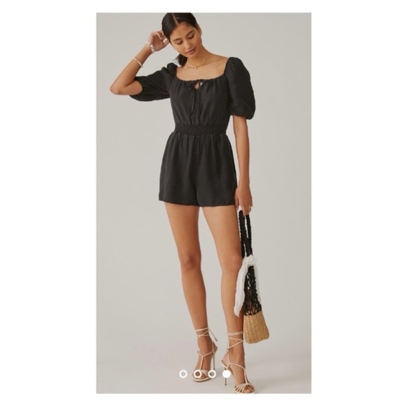 Cloth & Stone Anthropologie Black Romper XXS Smocked Tie Front Puff Sleeve Linen - Picture 16 of 16